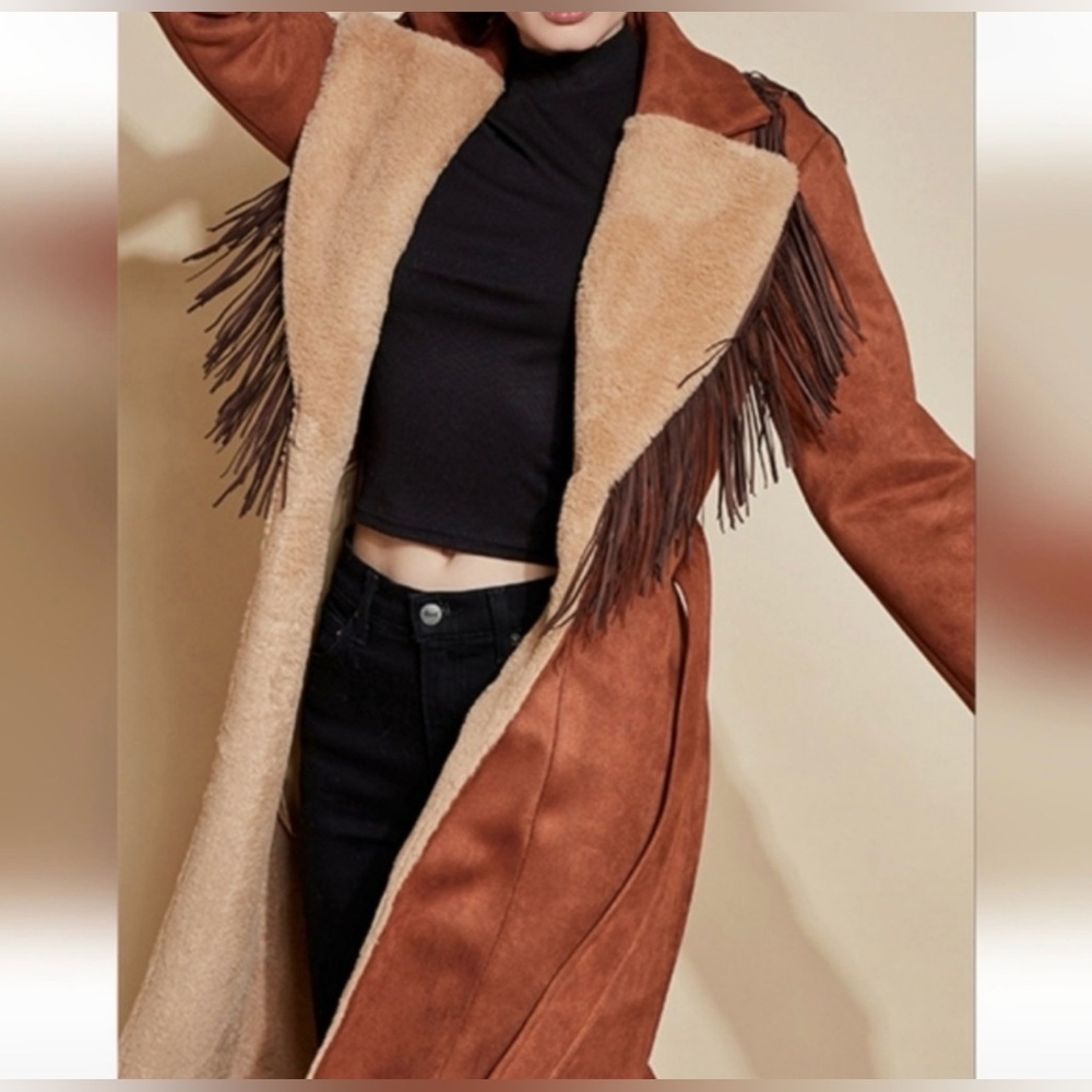 Anthropologie Brown and Cream Fringe Coat, MED - Picture 6 of 11